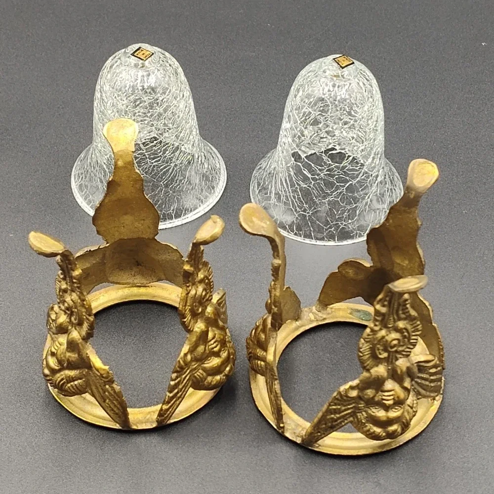 ✅📸Set-2 Brass Angel Footed Holder Vintage Cups Glass Candle Stand Orb India📏👀